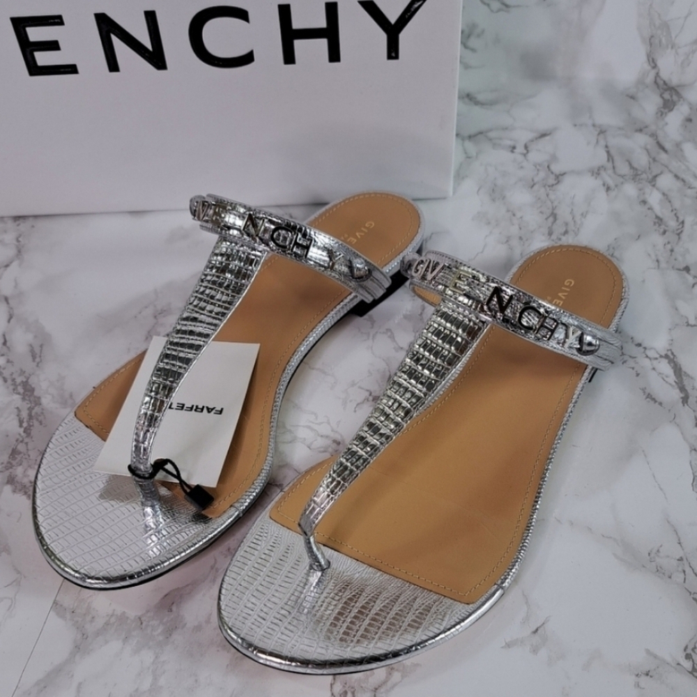 Givency Elba Lizard Embossed Silvery Metallic Leather Thong Sandals Size IT 38.5 - Picture 3 of 11